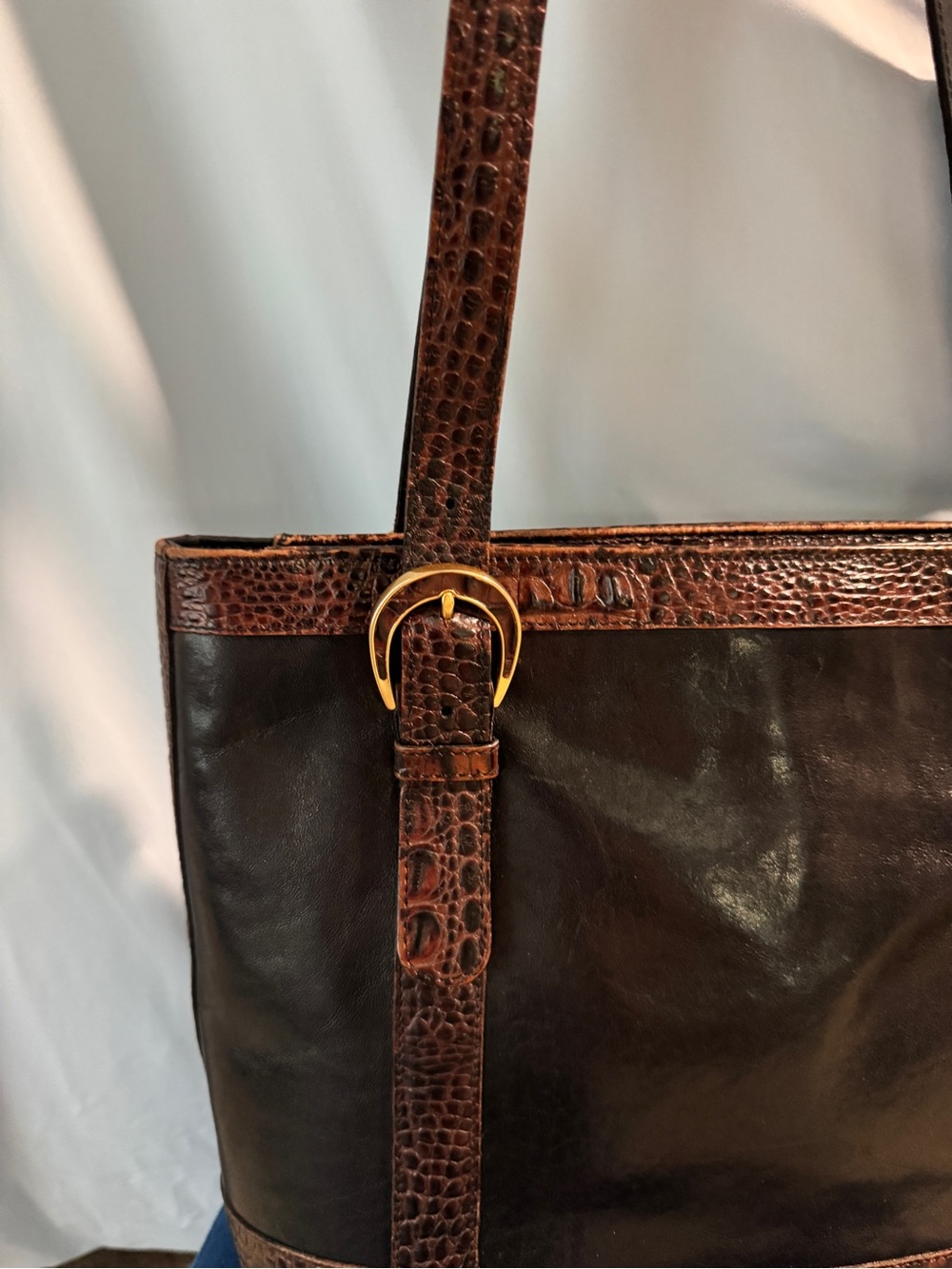 Brahmin Tuscan Collection Tote Shoulder Bag Black Leather Brown Croc Embossed - Picture 4 of 16